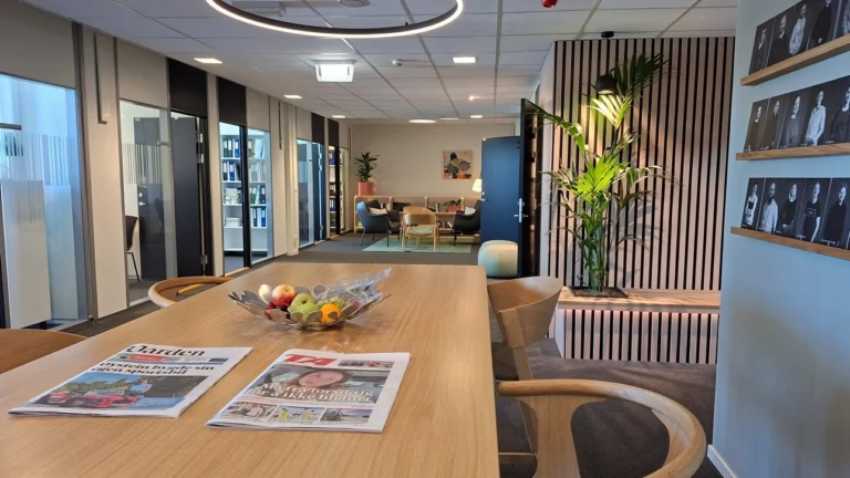 Planter til kontor hos Asplan Viak i bokhylle og intregrert plantekasse med Howea Forsteriana (Kentiapalme) i benk